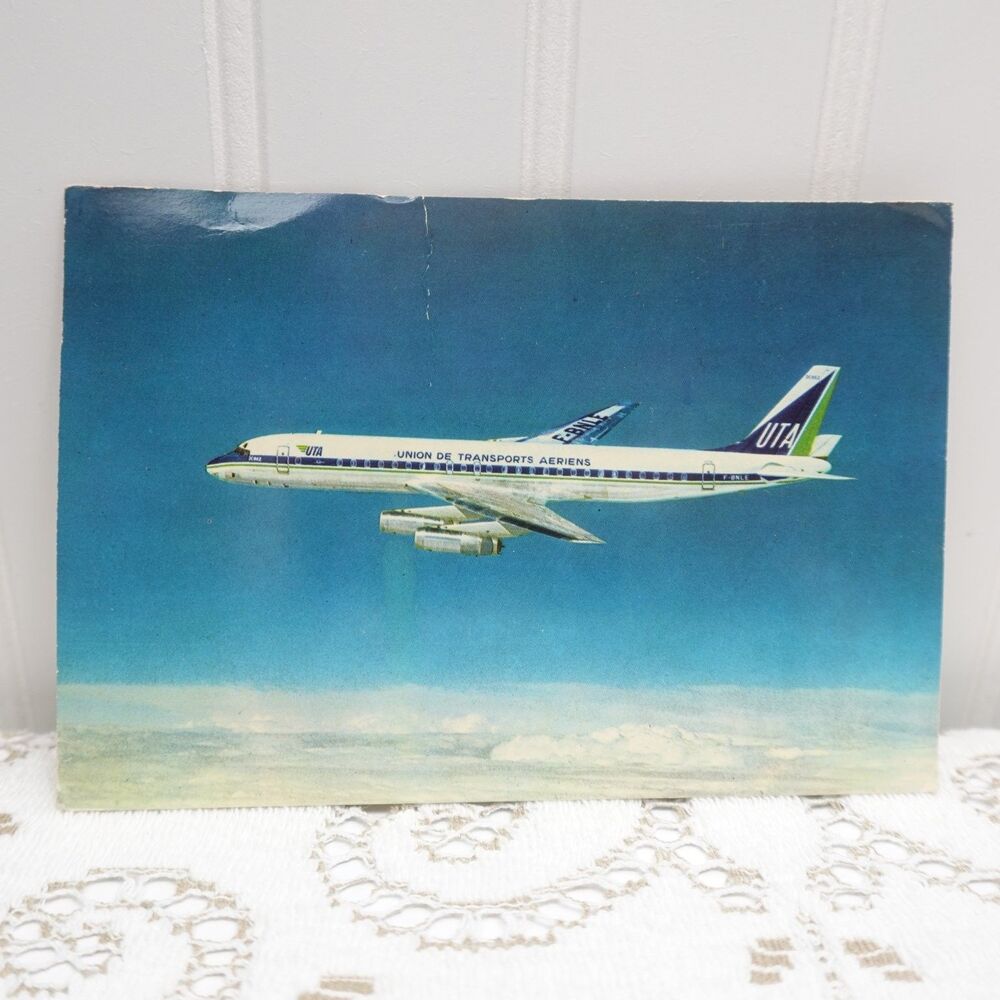 Vintage UTA Airlines Douglas DC-8 Postcard Tahiti Kon-Tiki Stamp 1972